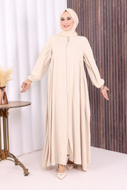 Gathered Elastic-Cuff Abaya 6005 Beige - view 3