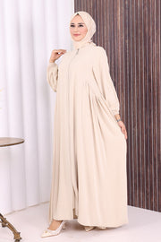 Gathered Elastic-Cuff Abaya 6005 Beige - view 4