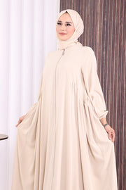Gathered Elastic-Cuff Abaya 6005 Beige - view 6