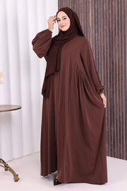 Gathered Elastic-Cuff Abaya 6005 Brown - view 2