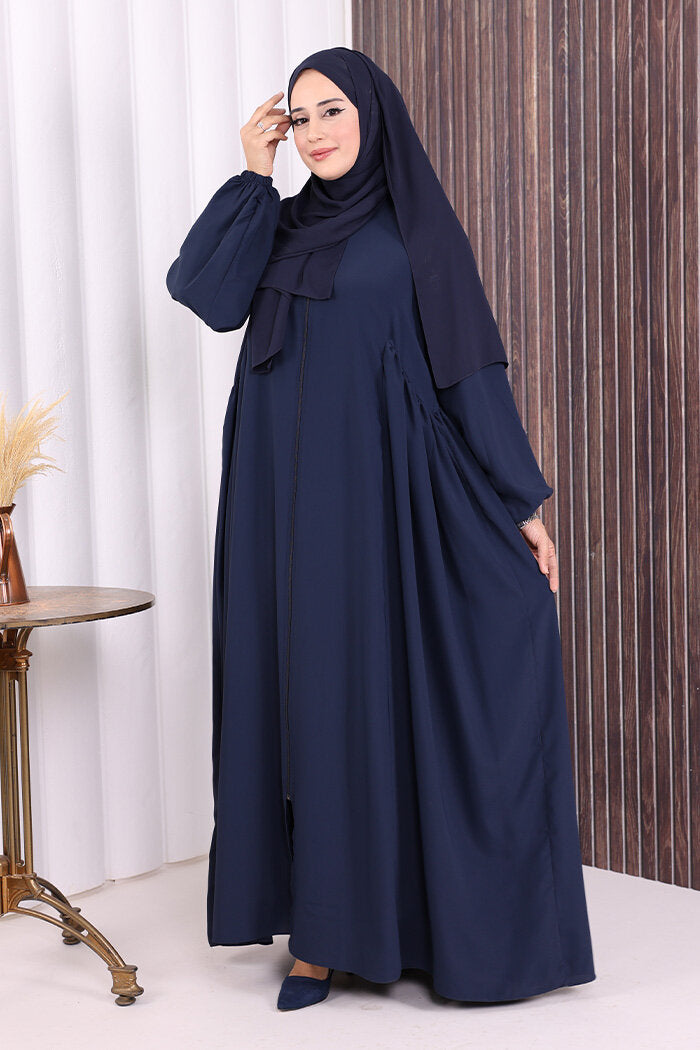 Gathered Elastic-Cuff Abaya 6005 Navy