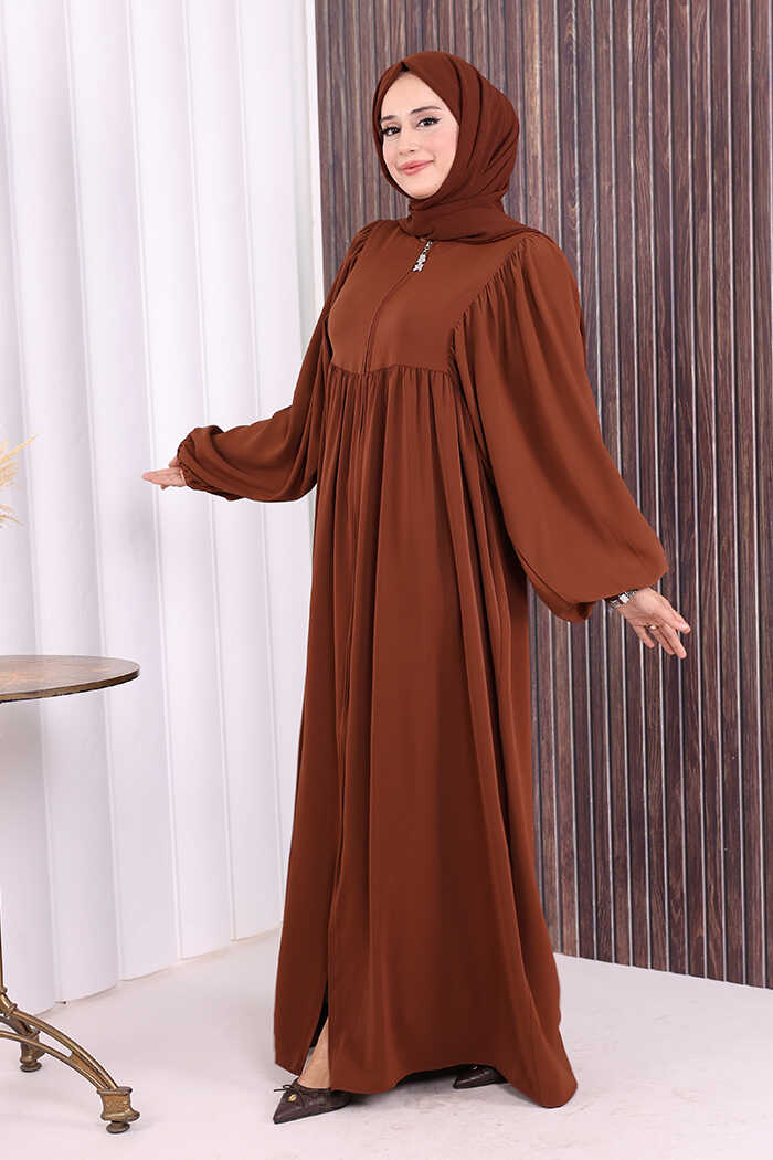 Zip-Front Gathered-Sleeve Relaxed Abaya 6006 Brown