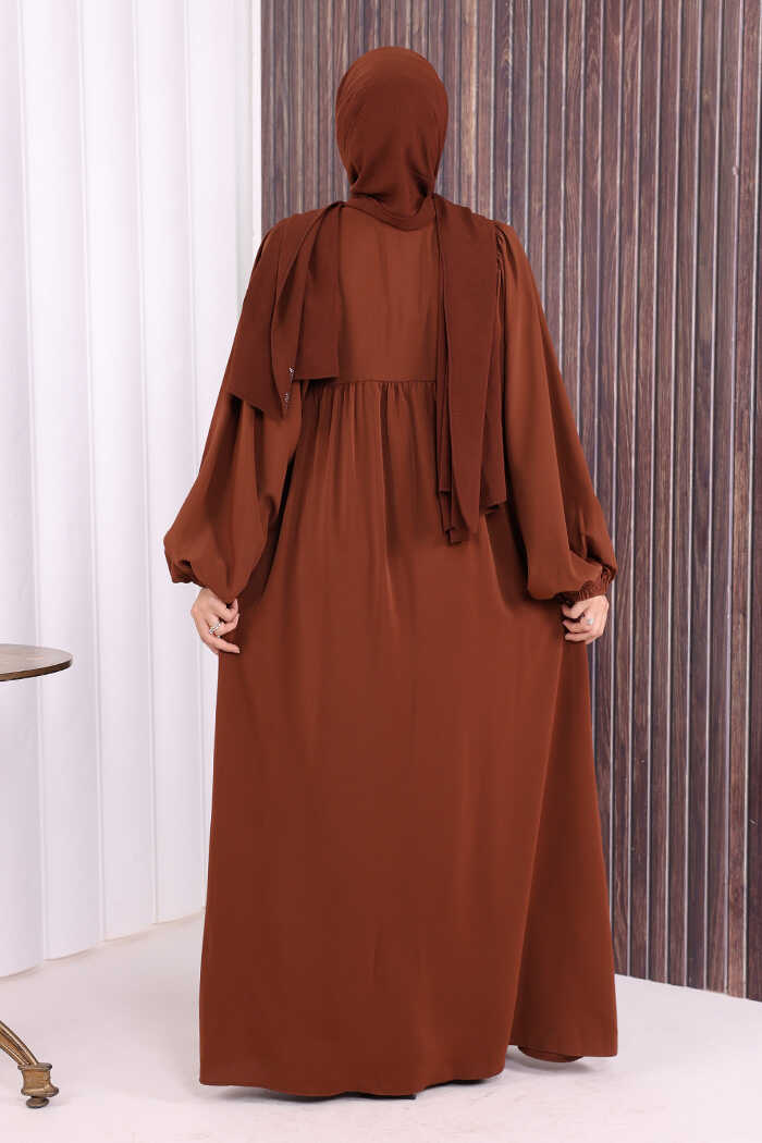 Zip-Front Gathered-Sleeve Relaxed Abaya 6006 Brown