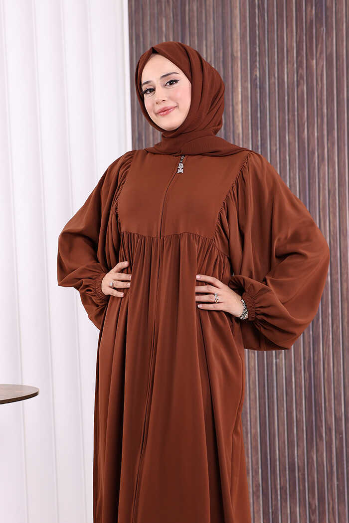 Zip-Front Gathered-Sleeve Relaxed Abaya 6006 Brown