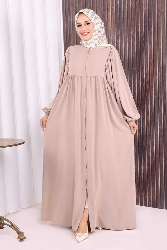 Zip-Front Gathered-Sleeve Relaxed Abaya 6006 Mink