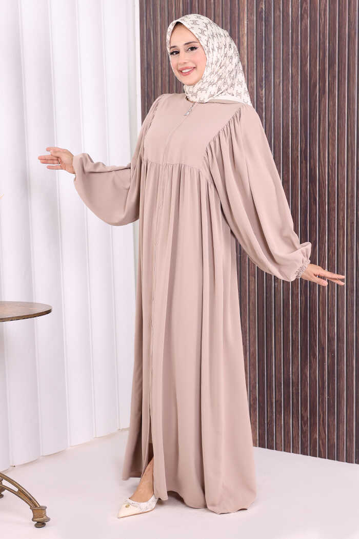 Zip-Front Gathered-Sleeve Relaxed Abaya 6006 Mink
