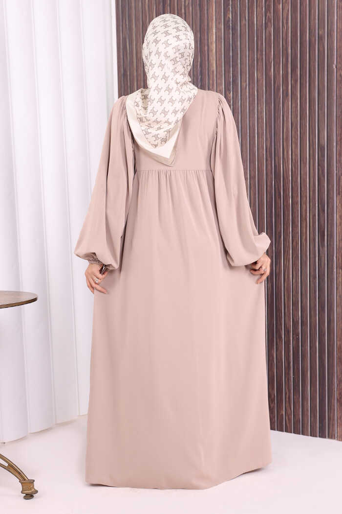 Zip-Front Gathered-Sleeve Relaxed Abaya 6006 Mink