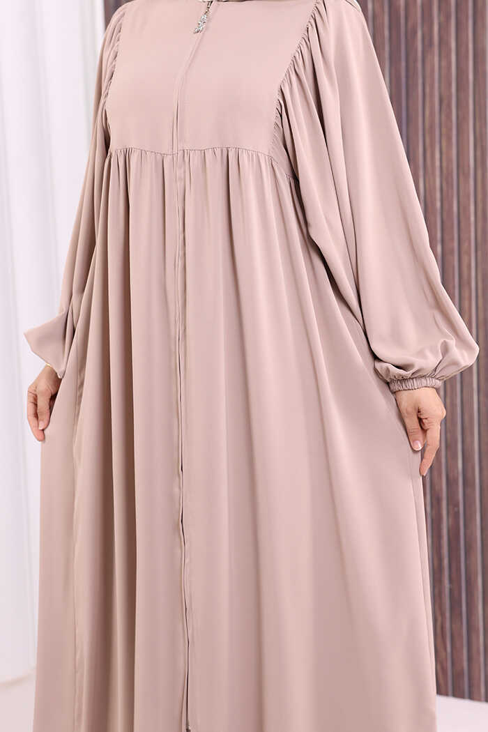 Zip-Front Gathered-Sleeve Relaxed Abaya 6006 Mink