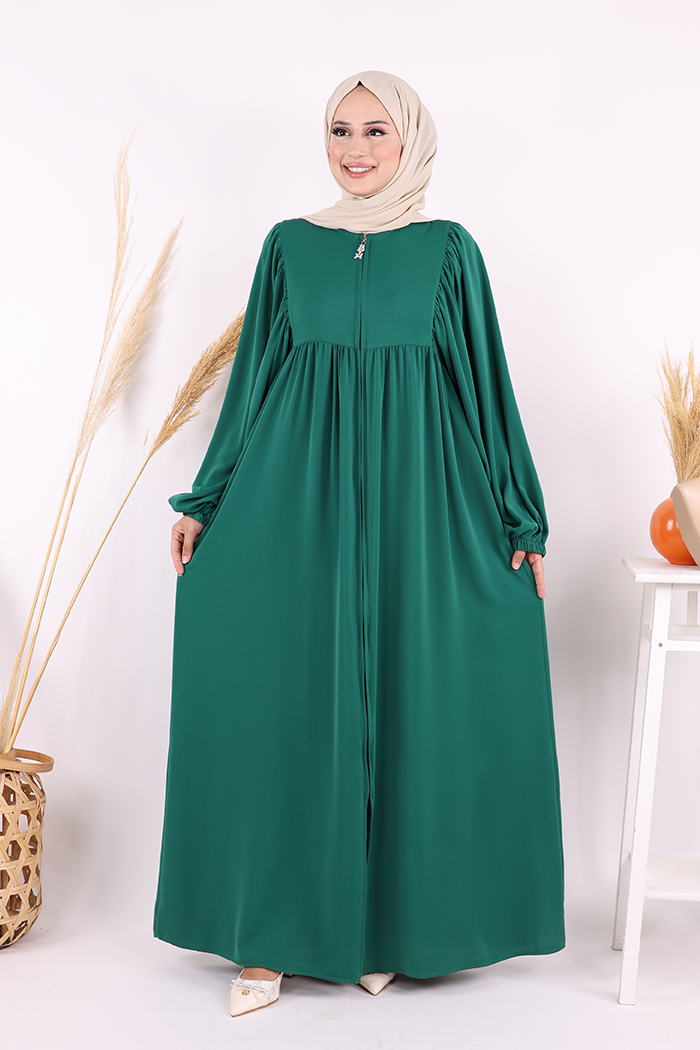 Zip-Front Gathered-Sleeve Relaxed Abaya 6006 Emerald