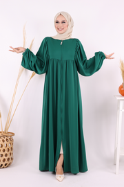 Zip-Front Gathered-Sleeve Relaxed Abaya 6006 Emerald - view 2