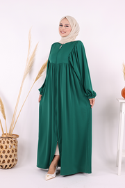 Zip-Front Gathered-Sleeve Relaxed Abaya 6006 Emerald - view 3
