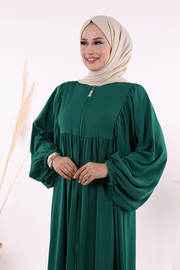 Zip-Front Gathered-Sleeve Relaxed Abaya 6006 Emerald - view 5