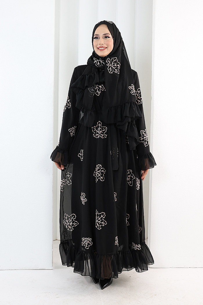 Floral Embroidered Dress with Matching Hijab 7000 Black