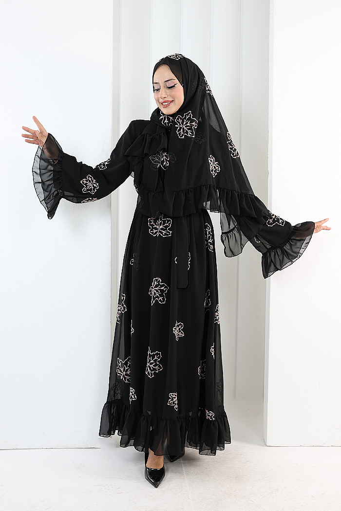 Floral Embroidered Dress with Matching Hijab 7000 Black