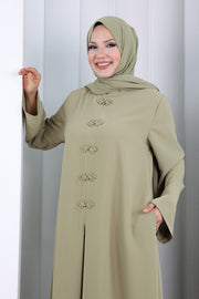 Chinese-Button Detail Dress with Matching Hijab 7013 Khaki