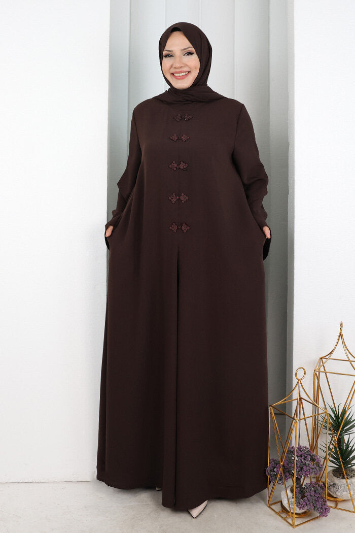Chinese-Button Detail Dress with Matching Hijab 7013 Brown