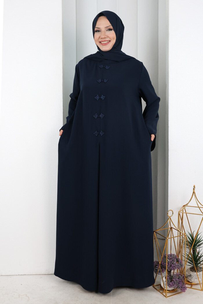 Chinese-Button Detail Dress with Matching Hijab 7013 Navy