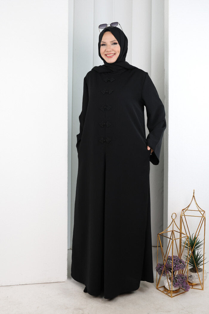 Chinese-Button Detail Dress with Matching Hijab 7013 Black