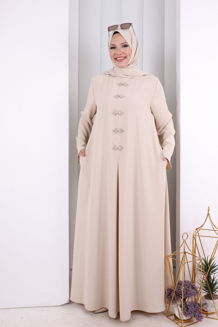 Chinese-Button Detail Dress with Matching Hijab 7013 Stone