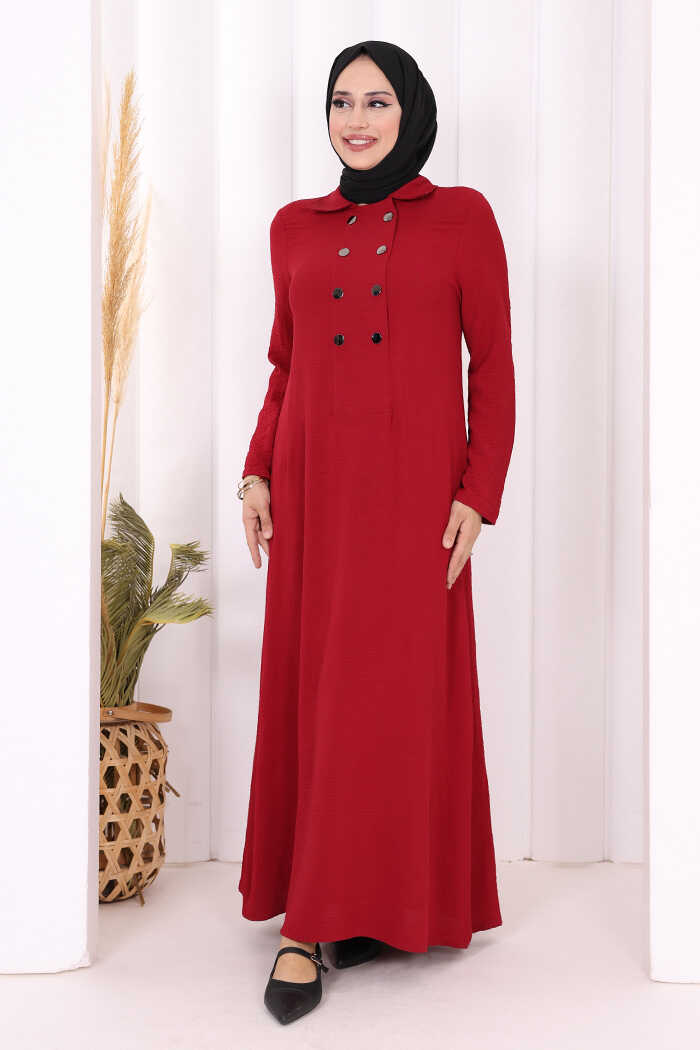 Snap-Button Detail Dress 3928 Burgundy