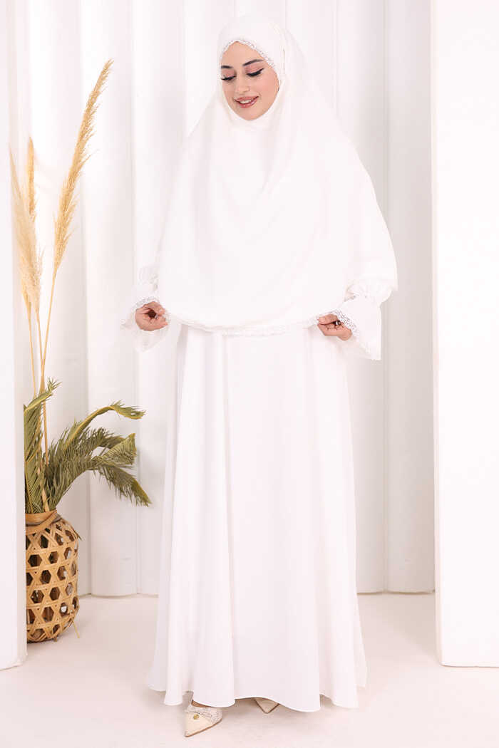 Lace-Detailed Ruffle Prayer Dress 6061 Ecru