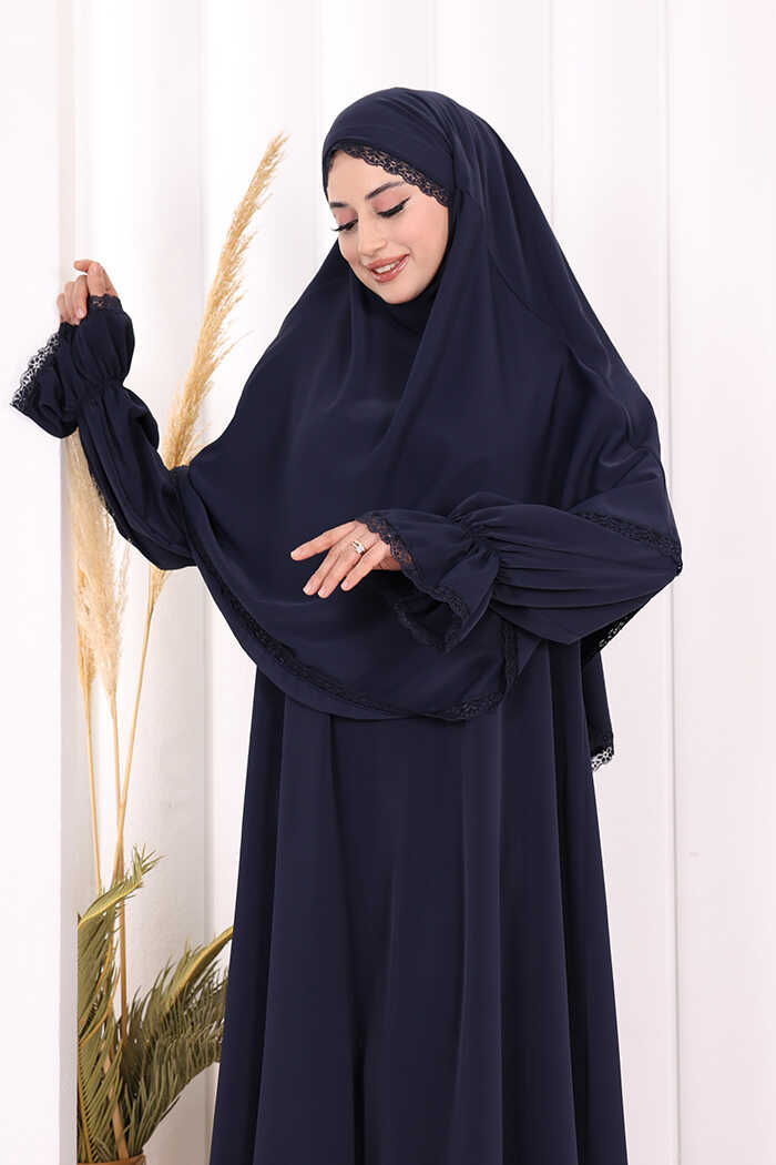 Lace-Detailed Ruffle Prayer Dress 6061 Navy