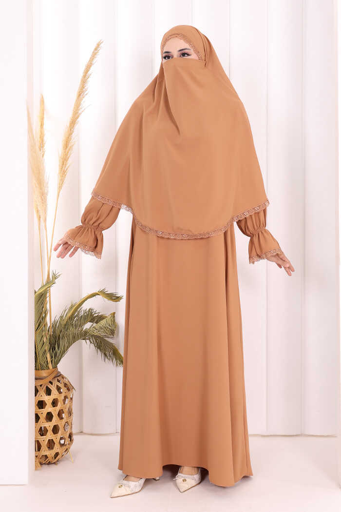 Lace-Detailed Ruffle Prayer Dress 6061 Camel