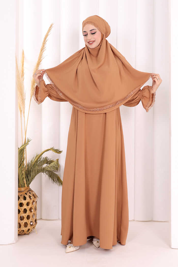 Lace-Detailed Ruffle Prayer Dress 6061 Camel