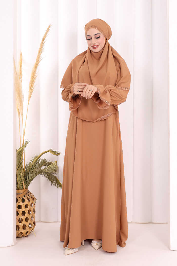 Lace-Detailed Ruffle Prayer Dress 6061 Camel