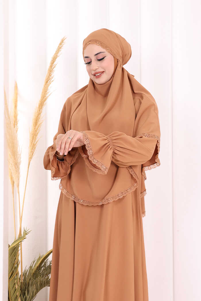 Lace-Detailed Ruffle Prayer Dress 6061 Camel