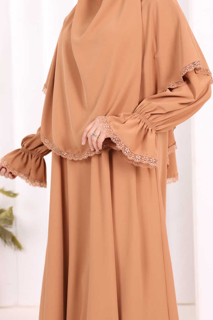Lace-Detailed Ruffle Prayer Dress 6061 Camel
