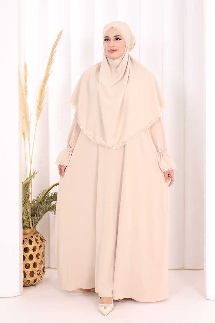 Lace-Detailed Ruffle Prayer Dress 6061 Stone
