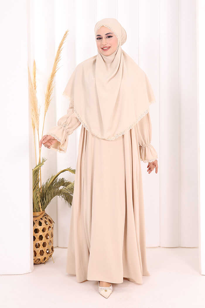 Lace-Detailed Ruffle Prayer Dress 6061 Stone