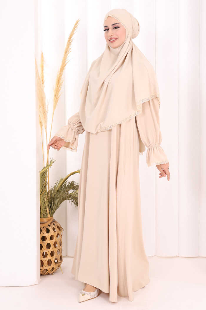 Lace-Detailed Ruffle Prayer Dress 6061 Stone