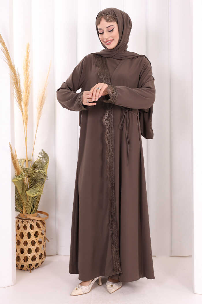 Lace-Detailed Abaya with Matching Hijab 7069 Brown