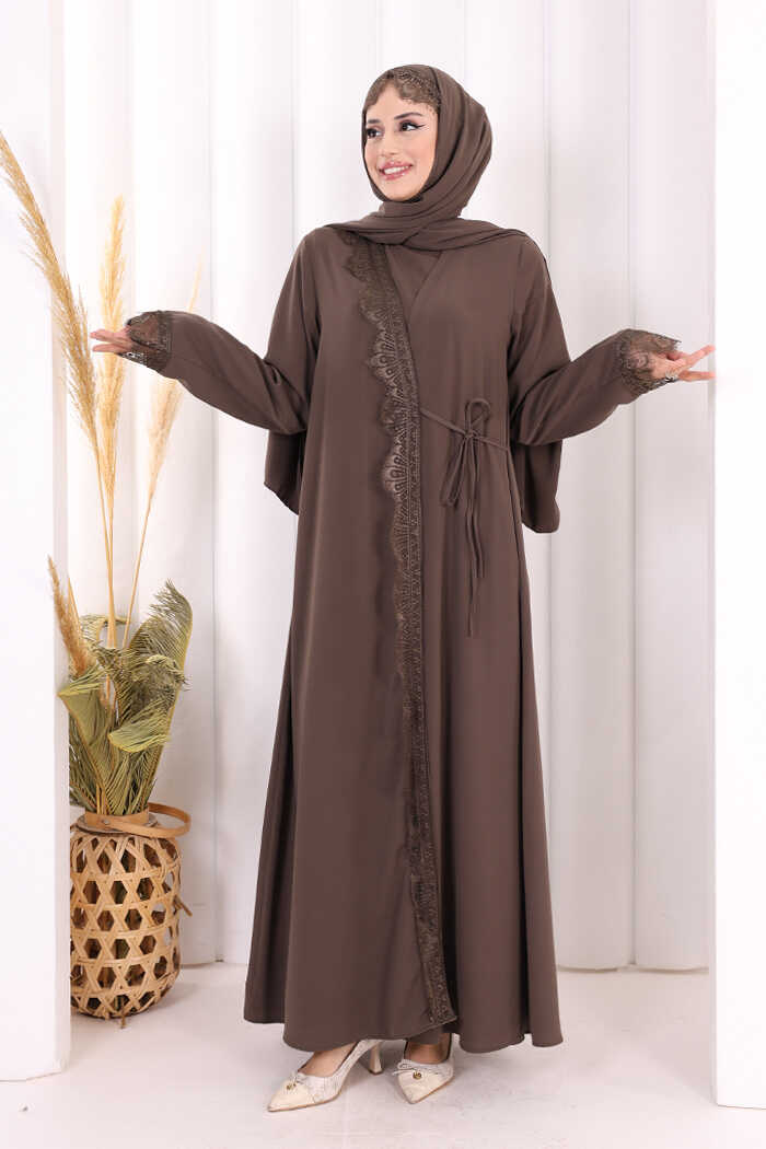 Lace-Detailed Abaya with Matching Hijab 7069 Brown