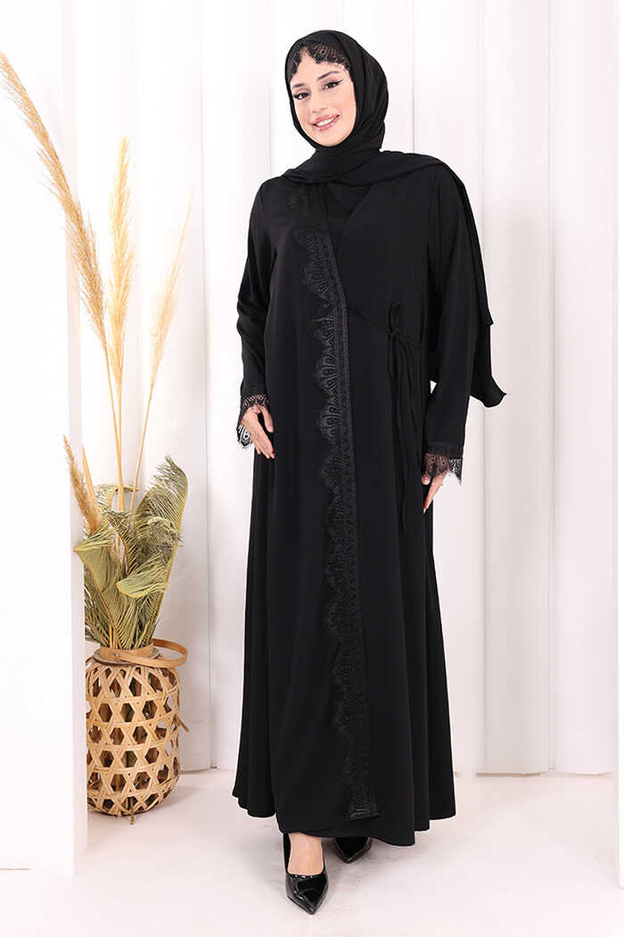 Lace-Detailed Abaya with Matching Hijab 7069 Black