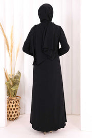 Lace-Detailed Abaya with Matching Hijab 7069 Black - view 3
