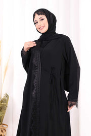 Lace-Detailed Abaya with Matching Hijab 7069 Black - view 4