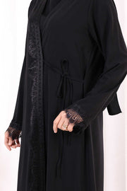Lace-Detailed Abaya with Matching Hijab 7069 Black - view 5