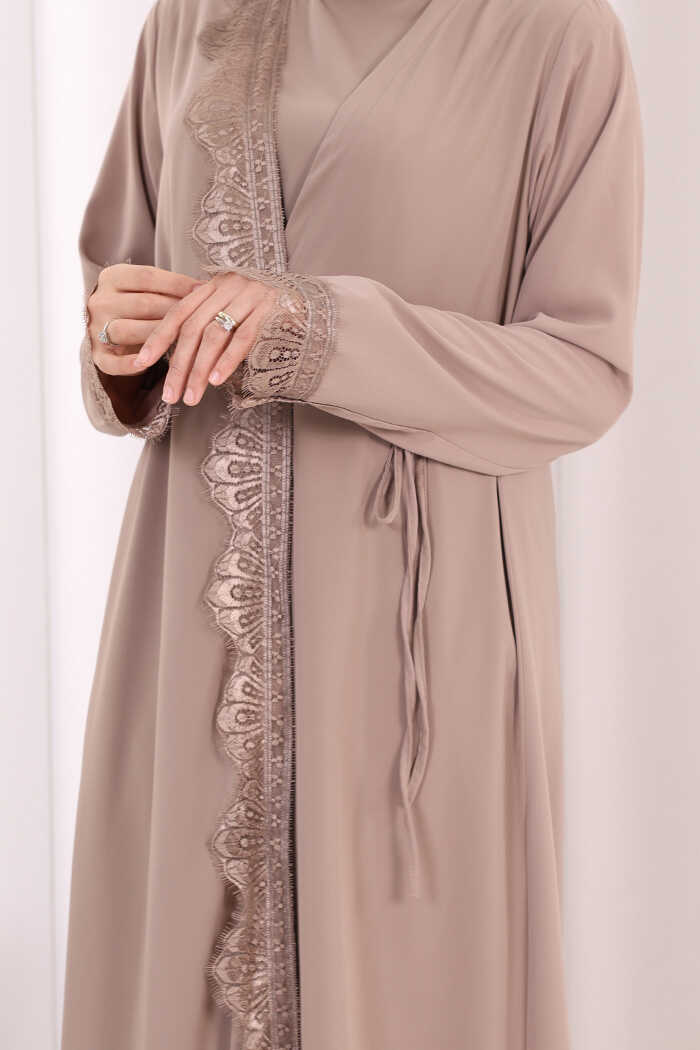 Lace-Detailed Abaya with Matching Hijab 7069 Mink