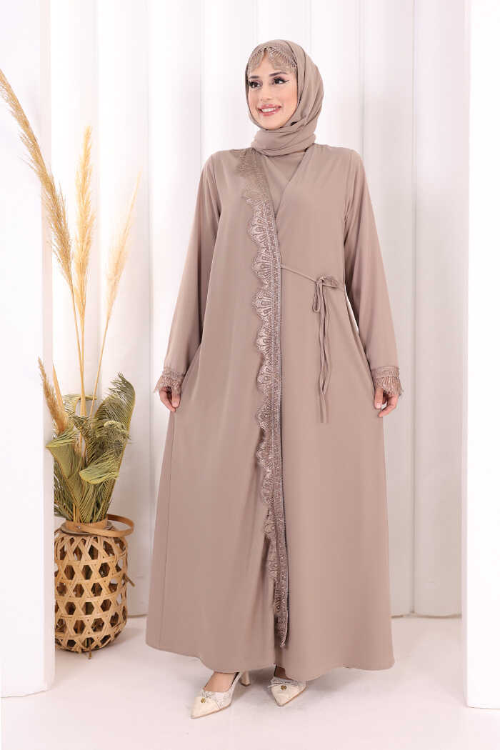 Lace-Detailed Abaya with Matching Hijab 7069 Mink