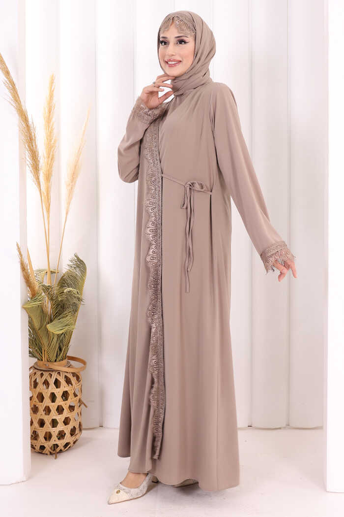 Lace-Detailed Abaya with Matching Hijab 7069 Mink