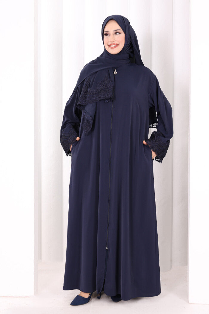 Lace-Detailed Prayer Abaya 6093 Navy
