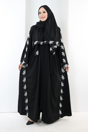 Lace-Detailed Abaya with Matching Hijab 7095 Black