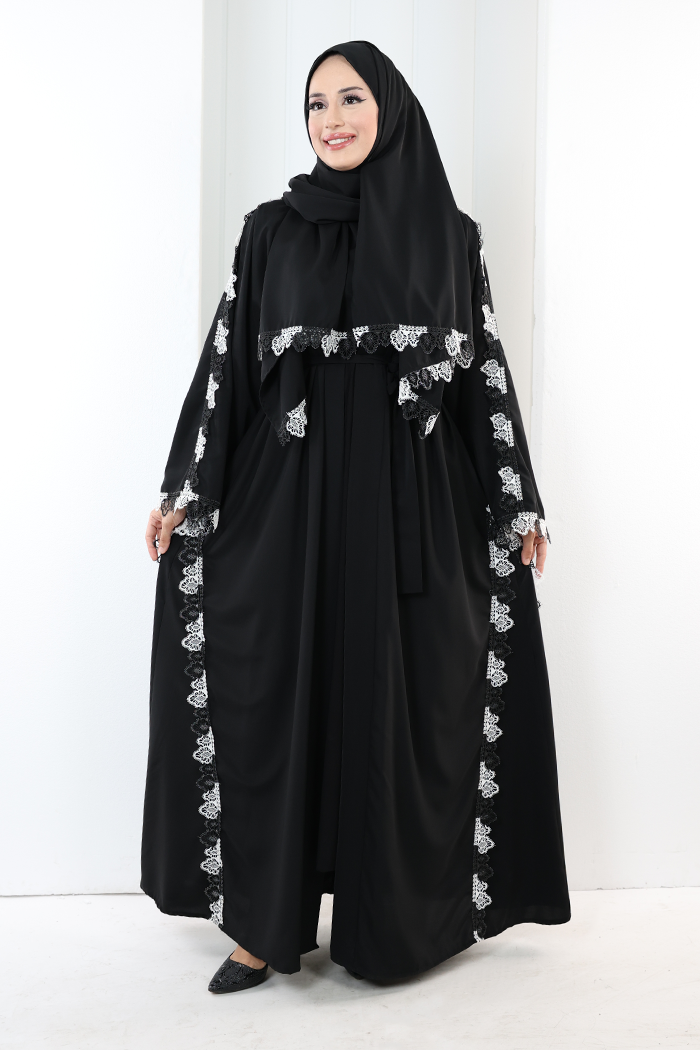 Lace-Detailed Abaya with Matching Hijab 7095 Black