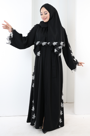 Lace-Detailed Abaya with Matching Hijab 7095 Black - view 2