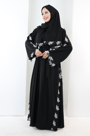 Lace-Detailed Abaya with Matching Hijab 7095 Black - view 3