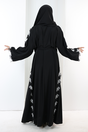 Lace-Detailed Abaya with Matching Hijab 7095 Black - view 4