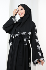 Lace-Detailed Abaya with Matching Hijab 7095 Black - view 5